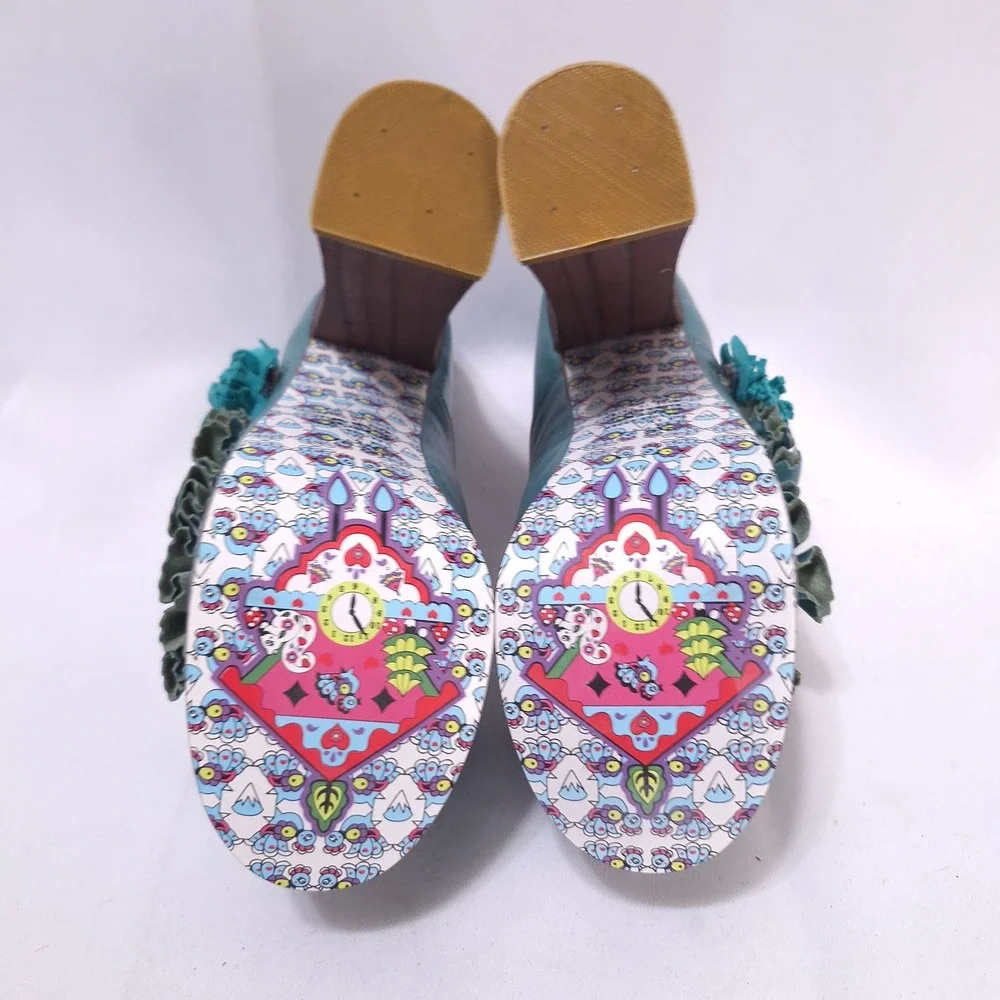 Irregular Choice Pertrisha Leather Floral‎ Ruffle Platform Heels Womens 6.5 Teal